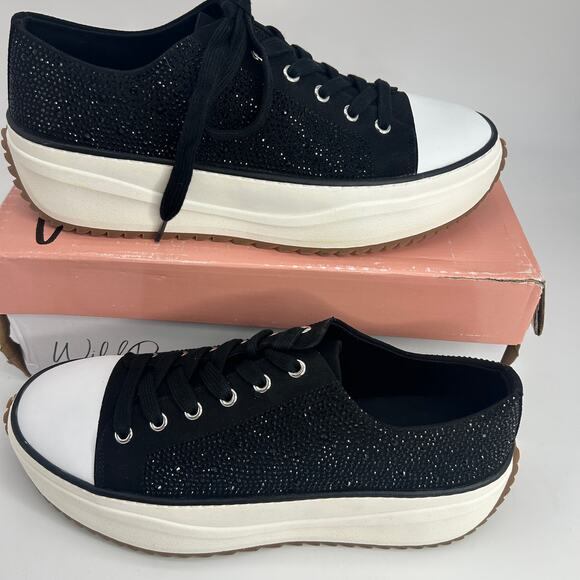 NEW Wild Pair Black Rhinestone Platform Sneakers Size 12 Lace Up Flats NWT - Picture 8 of 10